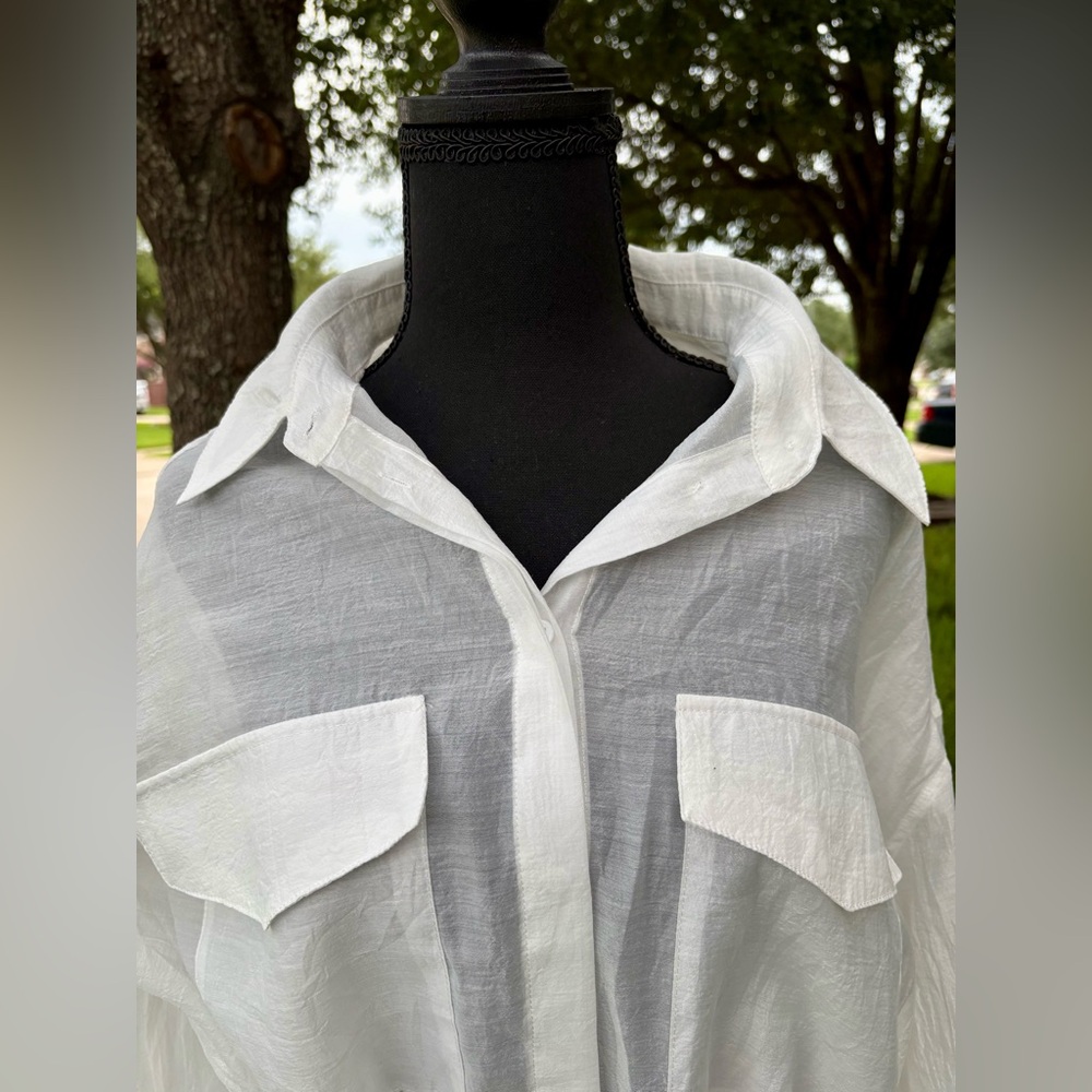 English Factory White Sheer Button-Up Shirt with Belt : 1X - Picture 3 of 8